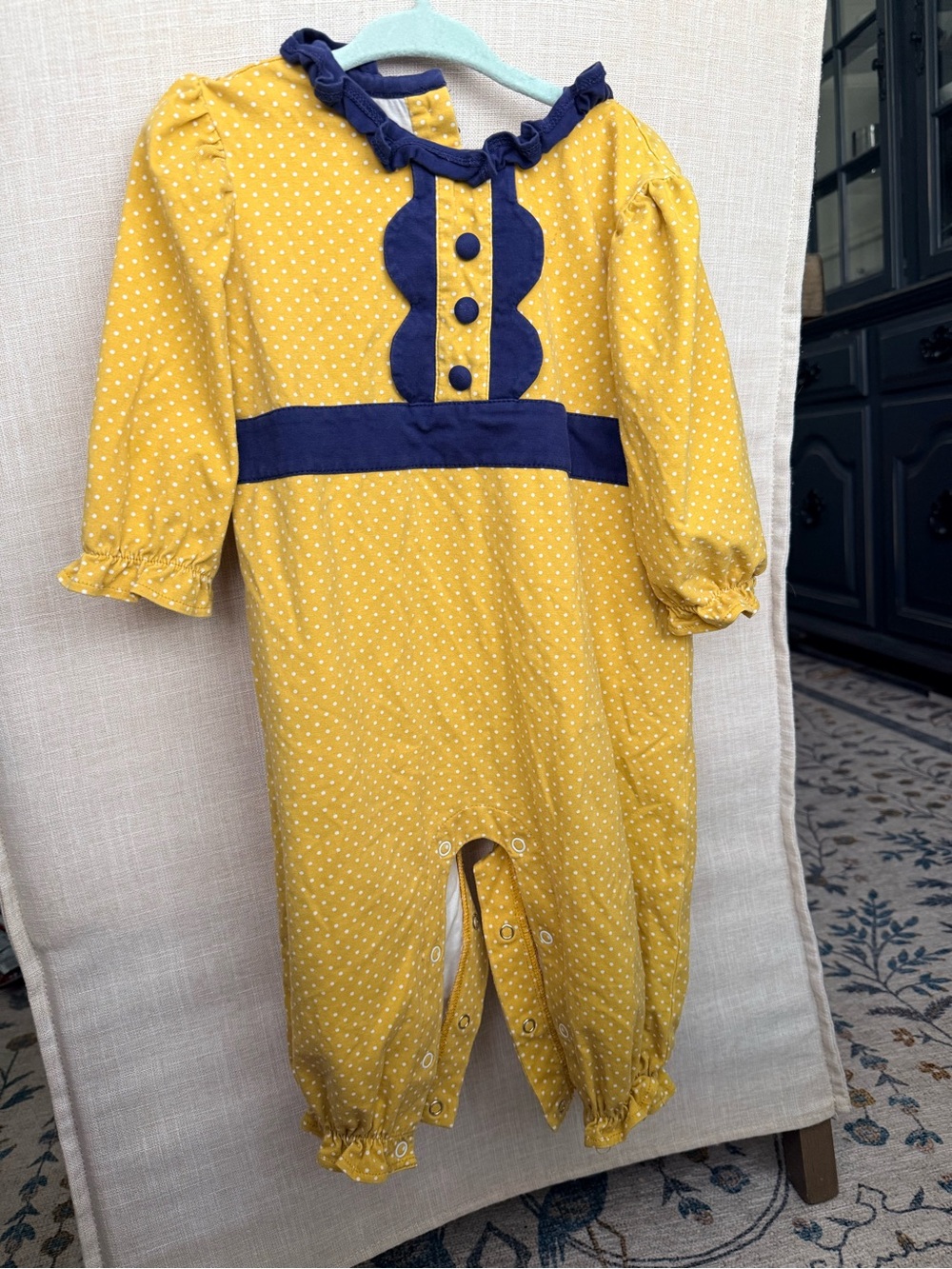 Mustard Yellow Polka Dot Baby Romper with Navy Trim